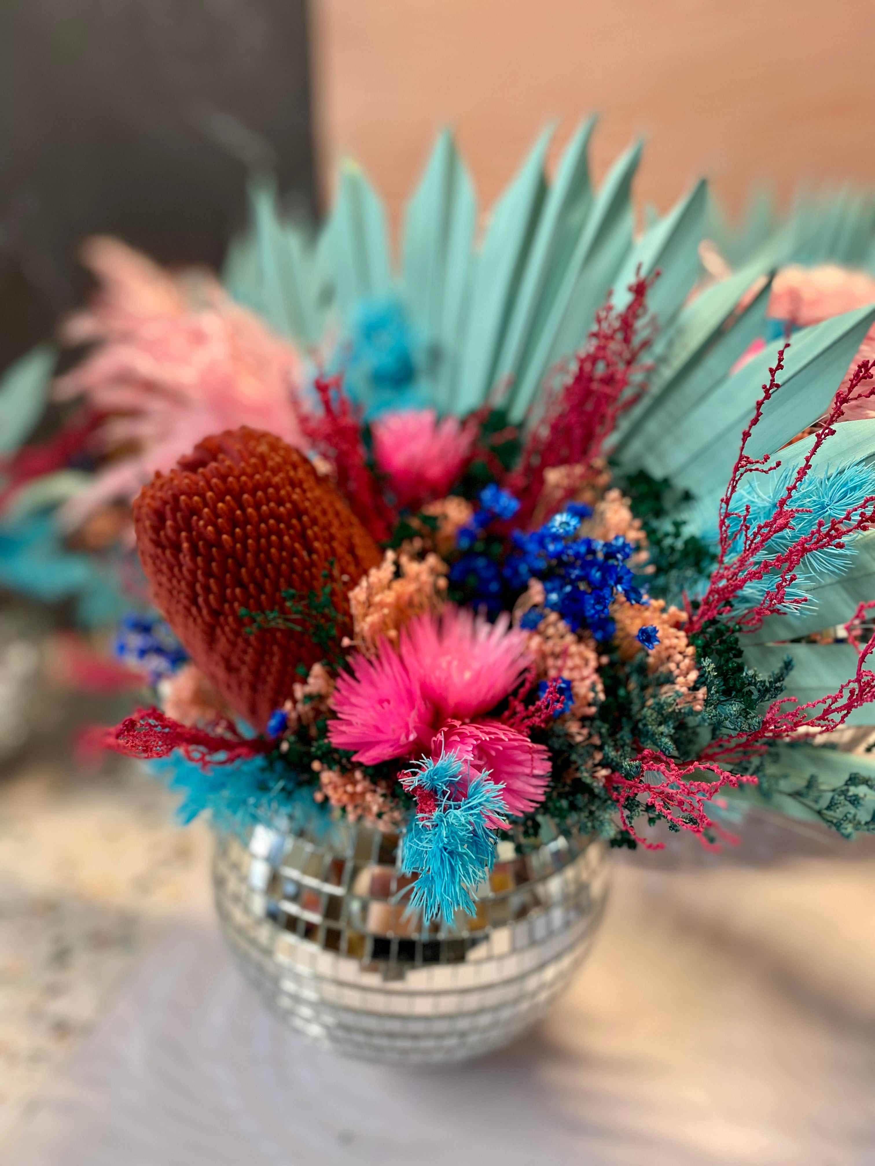 Disco Ball Arrangement 6" Palms Over Pines